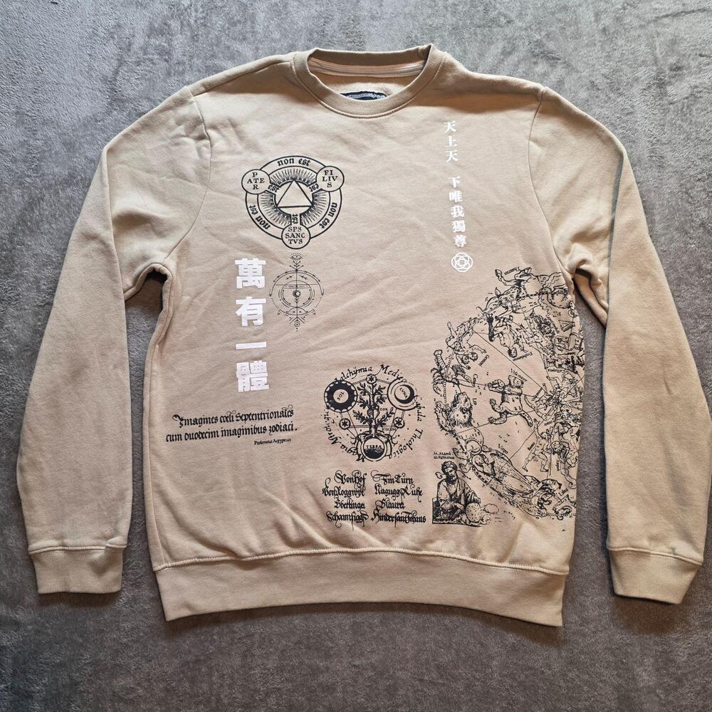 Blind Rooster Sweatshirt Mens M Beige Fleece Crew Neck Celestial Graphic Print